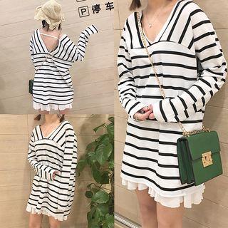 Long-sleeve V-neck Striped T-shirt Dress