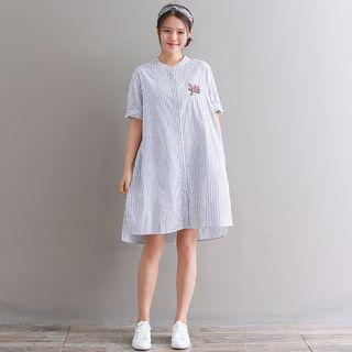 Short-sleeve Embroidered Striped Shirt Dress