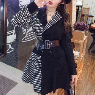 Houndstooth Panel Asymmetrical Coat Dress