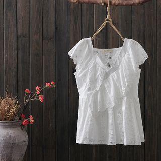 Cap-sleeve Eyelet Lace Blouse White - One Size