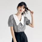 V Neckline Puff-sleeve Plaid Dress