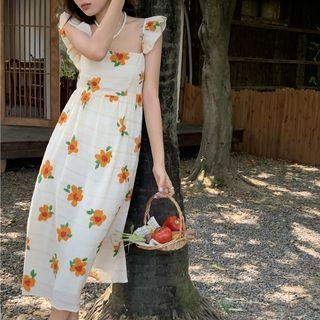Cap-sleeve Floral A-line Dress White - One Size