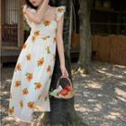 Cap-sleeve Floral A-line Dress White - One Size