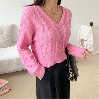 V-neck Crop Cable Sweater