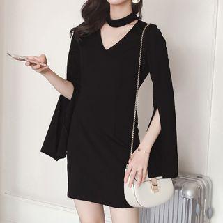 Split-sleeve Choker-neck Mini Sheath Dress