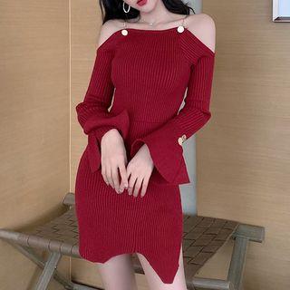 Bell-sleeve Cold-shoulder Asymmetrical Knit Dress