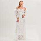 Plus Size Lace Panel Off-shoulder Long-sleeve Maxi A-line Dress