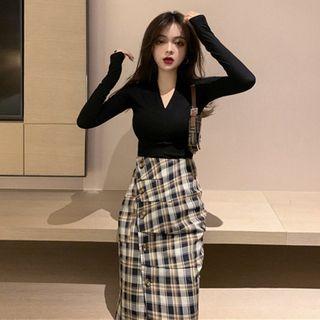 Set: Long-sleeve Top + Plaid Midi Fitted Skirt
