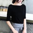 Set: Elbow-sleeve T-shirt + Striped A-line Midi Skirt