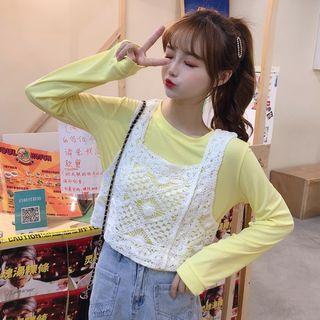 Set: Plain Long-sleeve T-shirt + Crochet Knit Vest