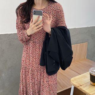 Long-sleeve Floral Printed Pleated Dress