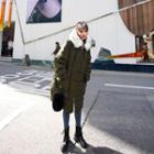 Hooded Faux-fur Trim Oversized Jacket Khaki - One Size