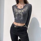 Long-sleeve Graphic Print Washed Crop Top