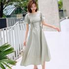 Short-sleeve Lace-up Midi A-line Dress