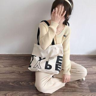 Print Tote Bag Black & Beige Lettering - Beige - One Size