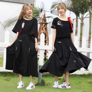 Short-sleeve Embellished Top / Midi A-line Skirt / Set