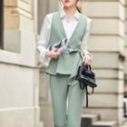 Set: Sashed Vest + Dress Pants + Plain Shirt