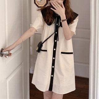 Elbow-sleeve Collar Single-breasted A-line Dress