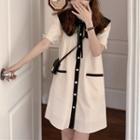 Elbow-sleeve Collar Single-breasted A-line Dress