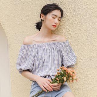 Puff-sleeve Off-shoulder Plaid Blouse Blue - One Size