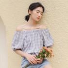 Puff-sleeve Off-shoulder Plaid Blouse Blue - One Size