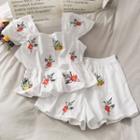 Set: Embroidered Ruffled Sleeveless Blouse + Elastic-waist Shorts