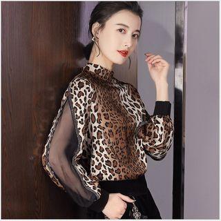 Leopard Print Mesh Panel Long-sleeve Top