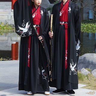 Long-sleeve Hanfu Wrap Top / Maxi A-line Skirt / Robe / Set