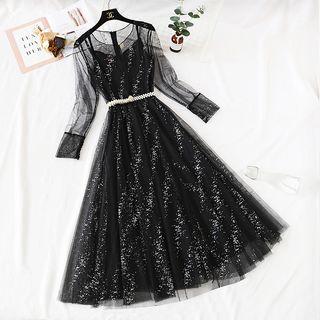 Set: Slipdress + Sequined Long-sleeve Midi Mesh Dress