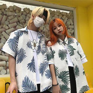 Couple Matching Elbow-sleeve Leaf Pattern Shirt