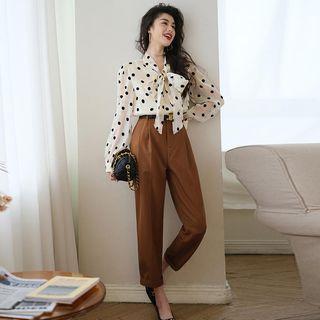 Long Sleeve Tie-neck Dotted Shirt / High Waist Straight Leg Cropped Dress Pants