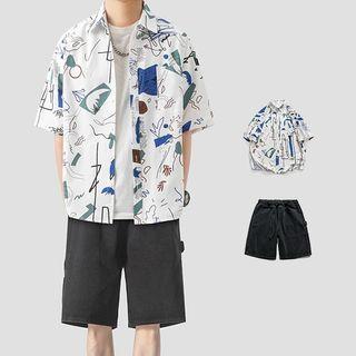 Elbow-sleeve Print Shirt / Wide Leg Shorts / Loose Fit Pants