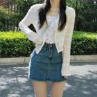 Eyelet Cardigan / Short-sleeve Floral Print Top / Denim Mini Skirt