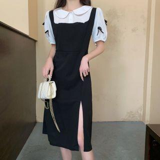 Short-sleeve Mock Two-piece Slit Midi Dress
