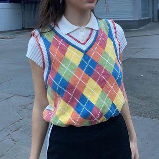 Argyle Knit Vest Blue & Red & Tangerine - One Size