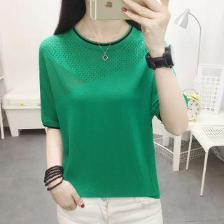 Contrast Trim Short-sleeve Pointelle Knit Top