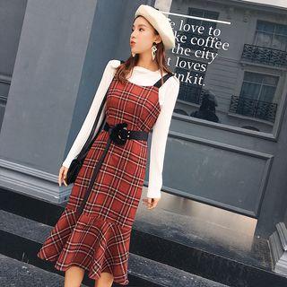 Set: Long-sleeve Knit Top + Plaid Spaghetti-strap Mermaid Dress