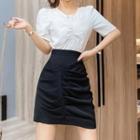 Set: Plain Short-sleeve Shirred-front Cropped Top + Ruched Mini A-line Skirt