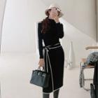Cold-shoulder Contrast Trim Knit Midi Bodycon Dress Black - One Size