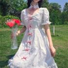 Floral Bow Short-sleeve Mini A-line Dress Dress - White - One Size