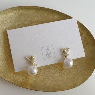 Rhinestone Knot Faux Pearl Earring 1 Pair - S925 Silver Needle - One Size