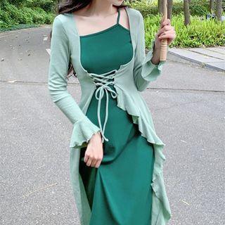 Set: Spaghetti Strap Midi Bodycon Dress + Lace-up Jacket