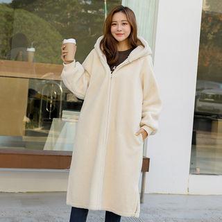 Hooded Sherpa-fleece Zip-up Long Coat