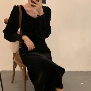 Long-sleeve Ribbon Midi A-line Dress