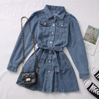 Snap-button Denim Mini Shirtdress With Sash