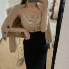 Midi Straight-fit Knit Skirt / Velvet Camisole Top / Cardigan / Set