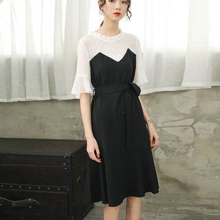 Mock Two-piece Elbow-sleeve Paneled A-line Dress