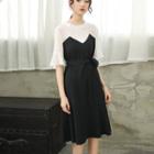 Mock Two-piece Elbow-sleeve Paneled A-line Dress