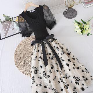 Knit Panel Mesh Embroidered Short-sleeve Dress Black - One Size