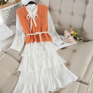 Set: Long-sleeve Midi A-line Layered Dress + Cable Knit Vest